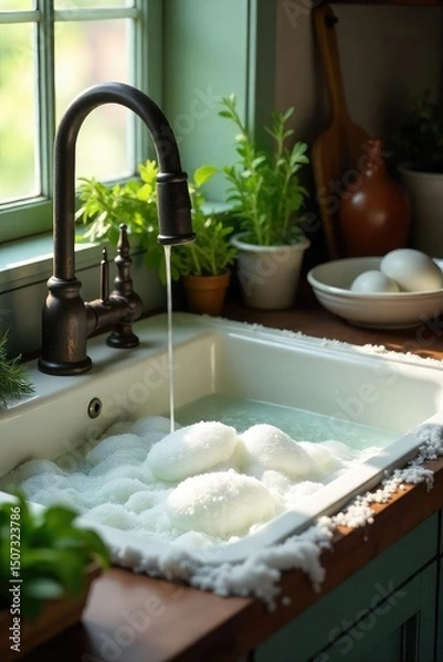 Obraz A rustic farmhouse kitchen sink overflowing with bubbly, fragrant soap, surrounded by vintage dishware and fresh herbs, creating a scene of homely cleanliness and natural ingredients , hygiene, mint