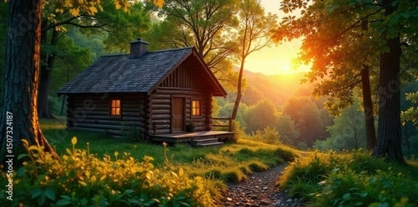 Obraz A rustic cabin nestled in a lush forest, bathed in the warm golden light of a summer sunset Perfect for a relaxing getaway reservation Enjoy the tranquility of nature , woods, peaceful, travel