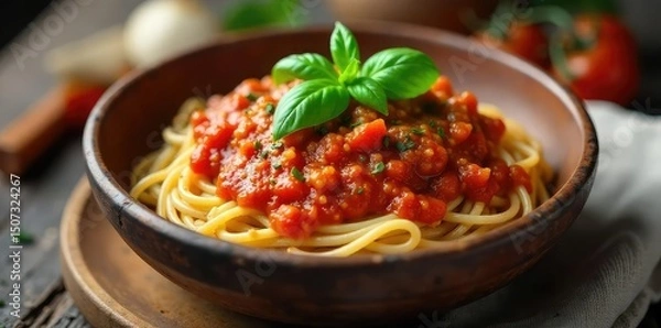 Obraz A rustic bowl overflowing with vibrant, homemade spaghetti sauce, simmering gently, ready to be served over pasta Fresh basil leaves garnish the rich, tomato-based sauce , spaghetti, fresh