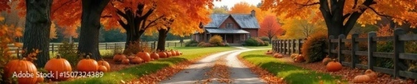 Obraz A rustic autumnal lane adorned with vibrant fall foliage, gourds, and pumpkins, leading to a charming, inviting farmhouse Perfect for Thanksgiving or autumnal themes , tranquil, scenery