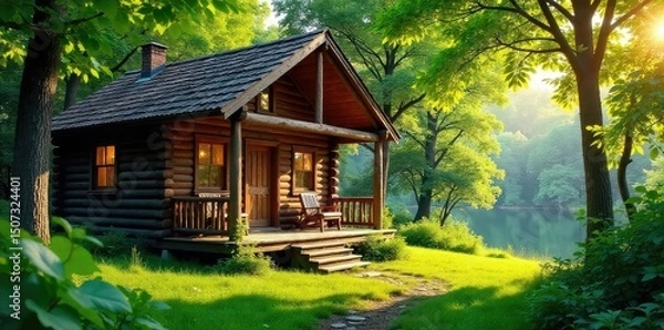 Obraz A rustic cabin nestled amongst lush greenery, sunlight dappling through leaves onto a warm wooden porch Perfect for relaxation and escape to nature's embrace , calm, mountain, greenery