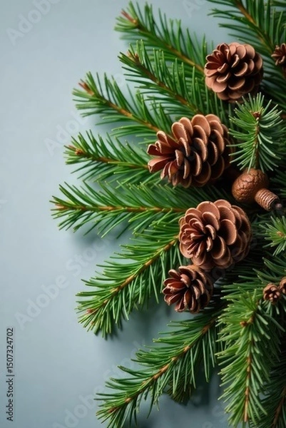 Obraz A rustic arrangement of pine cones, branches, and sprigs, perfect for holiday or winter decorations Ideal for crafting, home decor, and seasonal projects , design, natural elements, evergreen