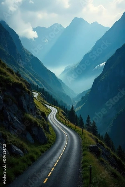 Obraz A rugged, winding mountain road disappears into a mist-shrouded valley, promising untold adventure and breathtaking views The journey awaits; explore the unknown , valley, blue