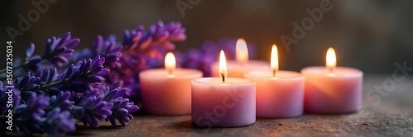 Obraz Aromas of lavender fill the air as several candles burn, casting a warm, inviting glow Perfect for relaxation, spa treatments, or adding a touch of serenity to any space , candle, violet