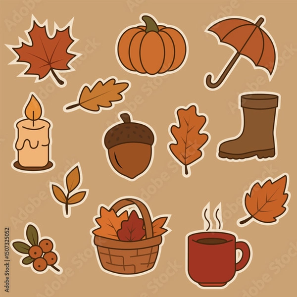 Fototapeta Vector sticker set with autumn-themed elements. Includes illustrations of leaves, acorn, pumpkin, candle, hot drink, rubber boot, umbrella, basket with leaves, and berries.