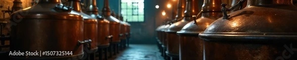 Obraz Aromas of dark roasted barley and hops fill a dimly lit brewery, copper kettles gleaming under low lighting, the air thick with the scent of bitter beer , factory, bitter