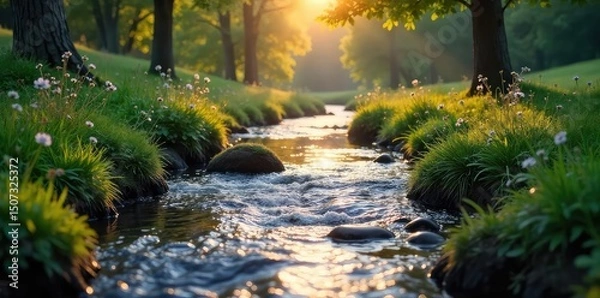 Obraz A romantic scene of two gentle streams merging together, symbolizing unity and connection Perfect for concepts of togetherness, harmony, and love , unity, flow, liquid