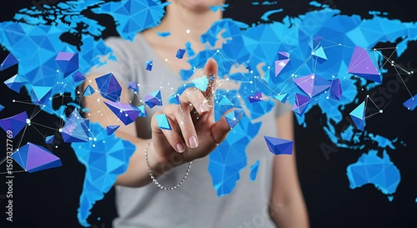 Fototapeta Woman's hand touching a world map, symbolizing exploration and connection to global geography, Generative AI.