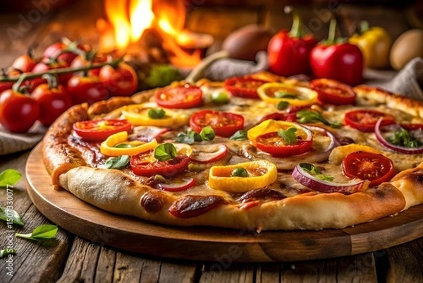 Obraz Rustic wood-fired vegetable pizza with colorful peppers, tomatoes, and herbs on wooden board near open flame