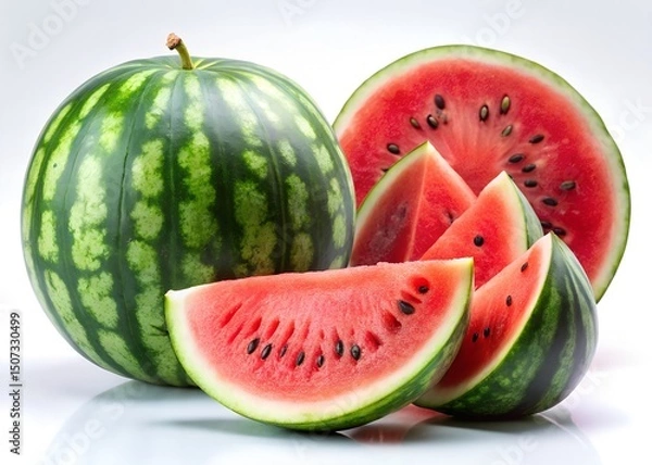 Obraz Fresh ripe watermelon with vibrant red juicy slices and whole green striped fruit on a clean white background