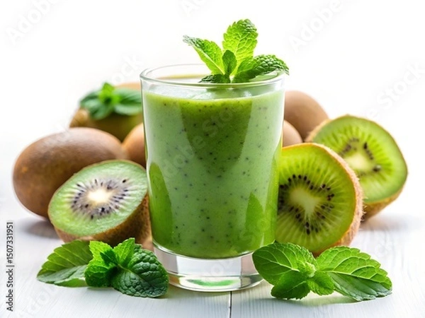 Obraz Glass of fresh green kiwi smoothie with mint leaves surrounded by whole and sliced kiwis on white wooden surface