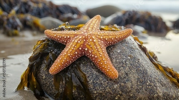 Fototapeta Close-up of a starfish resting on a wet rock.