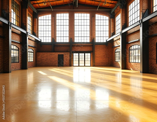 Fototapeta Spacious industrial loft with large arched windows, exposed brick walls, and polished wooden floor. Sunlight pours in, creating a warm, modern atmosphere ideal for events or creative projects