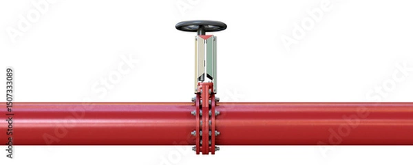 Fototapeta Red manual control valve isolated on transparent background. Side view. 3D illustration