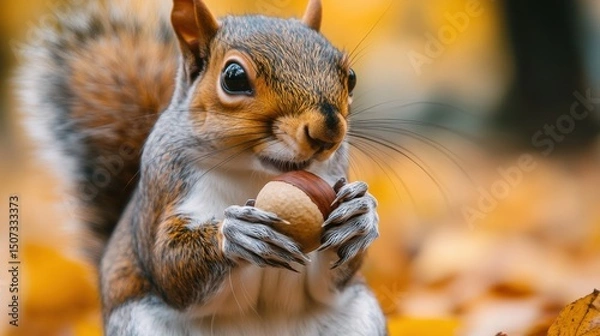 Fototapeta Close-up of a squirrel consuming a nut in autumnal foliage.