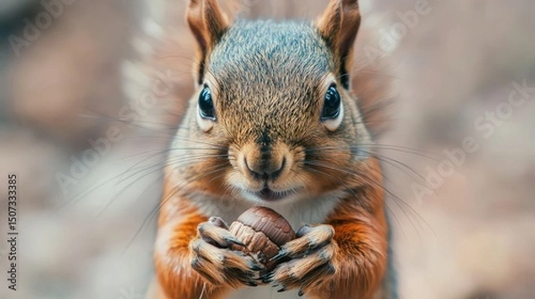 Fototapeta Close-up view of a squirrel holding a nut.