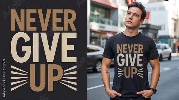 Fototapeta Man wearing a never give up t shirt standing on a street looking up at the sky