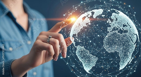 Fototapeta Woman touching a globe with network lines, symbolizing global connectivity and communication, Generative AI.