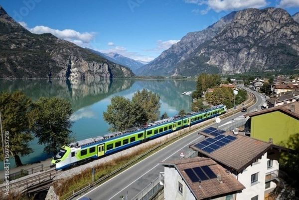 Obraz A vibrant train glides beside Lago di Mezzola, mirroring the calm lake and towering Alps, as sunlight dances on rooftops and crystal-clear waters in northern Italy’s tranquil paradise.