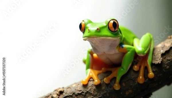 Fototapeta Green tree frog perched on white, vibrant details , vibrant, closeup