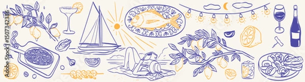 Fototapeta Italian Amalfi summer vacation doodle style illustrations. Vector ink hand drawn Italy coast sea, lemons, wine and food elements. Sea weekend rest drawing for poster, event placard, menu and prints.