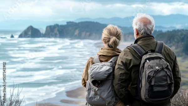 Fototapeta older couple standing side by side looking out at a scenic coastal view. They appear to be enjoying a moment of tranquility and natural beauty. elder people activity concept.