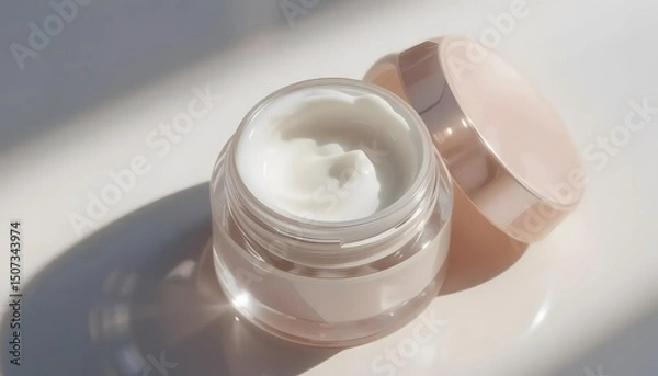 Fototapeta Photorealistic macro of an open face cream jar, smooth white texture inside, minimal clean background, elegant shadows