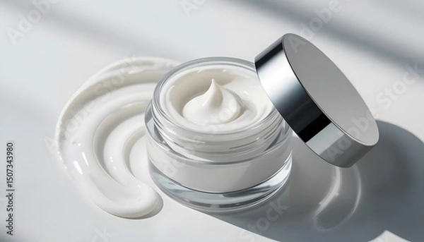 Fototapeta Photorealistic macro of an open face cream jar, smooth white texture inside, minimal clean background, elegant shadows