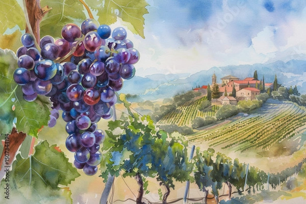 Obraz Watercolor Painting of Grapes and a Vineyard