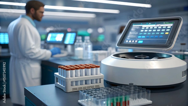 Fototapeta A modern medical laboratory setting featuring a centrifuge with an open lid and touchscreen interface in the foreground. Nearby are racks of blood sample tubes with red caps, while a scientist .