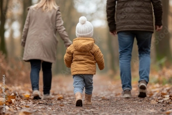 Obraz Child Taking Early Steps on Forest Trail with Parents