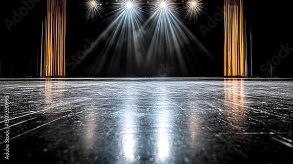 Obraz An empty black stage with a single, dramatic beam of light focused on a central point, highlighting the loneliness and intensity of the scene.