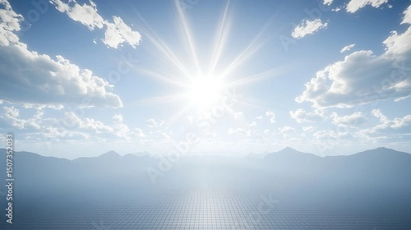 Obraz A soft, pale blue sky with fluffy clouds scattered throughout, as gentle sun rays shine through, creating a calming atmosphere.