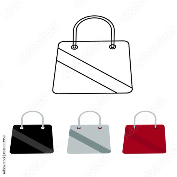 Fototapeta handbag vector icon there is a black handbag with light black stripe motif, light white with dark white stripe motif, dark red with red stripe motif.