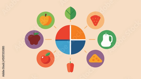 Fototapeta Nutritional Chart A visual chart showing the nutrients in various foods like vitamins fiber and protein with colorful icons representing fruits vegetables grains and legumes.