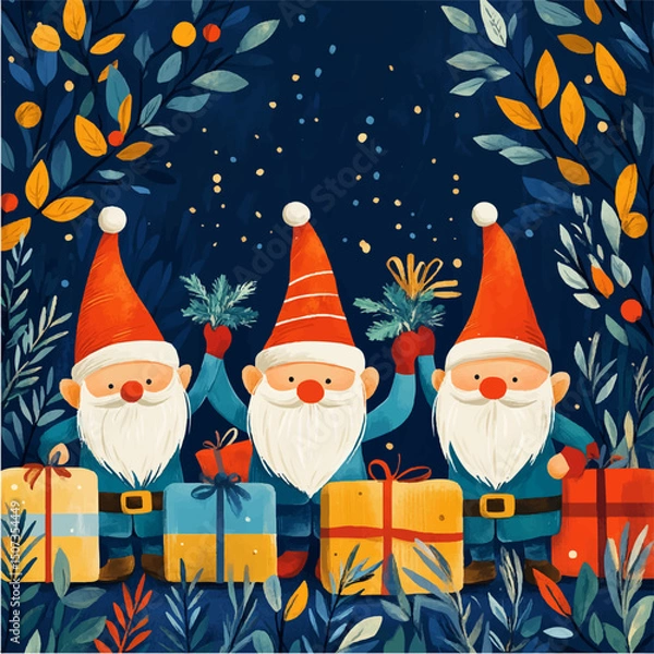Fototapeta christmas seamless. New Year card with gnomes and gifts. Santa's helpers, Christmas picture, vector, gnomes on the background of snow and Christmas trees sitting with gifts