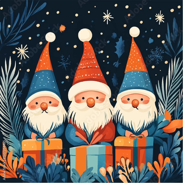 Fototapeta santa claus with gifts. New Year card with gnomes and gifts. Santa's helpers, Christmas picture, vector, gnomes on the background of snow and Christmas trees sitting with gifts