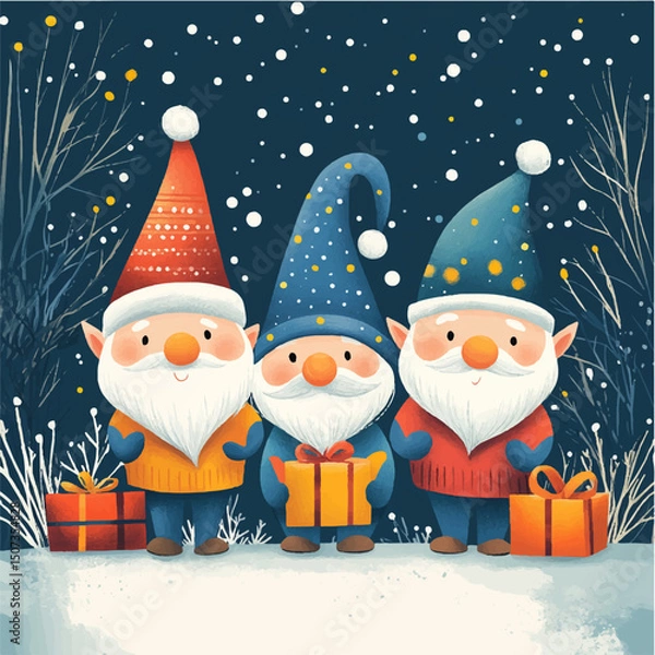 Fototapeta santa claus and snowman. New Year card with gnomes and gifts. Santa's helpers, Christmas picture, vector, gnomes on the background of snow and Christmas trees sitting with gifts. 