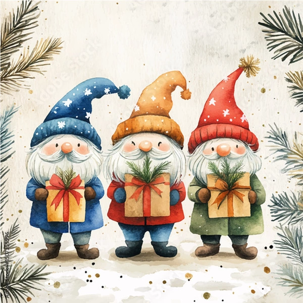Fototapeta santa claus with gifts. New Year card with gnomes and gifts. Santa's helpers, Christmas picture, vector, gnomes on the background of snow and Christmas trees sitting with gifts