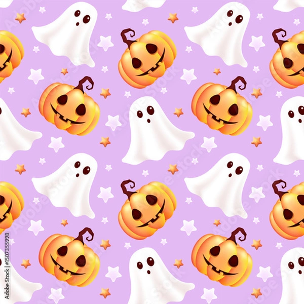 Fototapeta Happy Halloween seamless pattern. Scary pumpkin and ghost. Holiday vector illustration