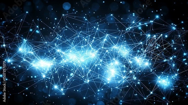 Fototapeta Blue digital interface with connected dotted lines and glowing nodes, forming a complex network pattern against a dark backdrop