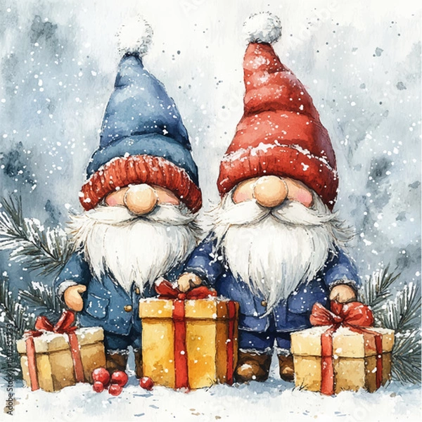 Fototapeta santa claus with gifts. New Year card with gnomes and gifts. Santa's helpers, Christmas picture, vector, gnomes on the background of snow and Christmas trees sitting with gifts