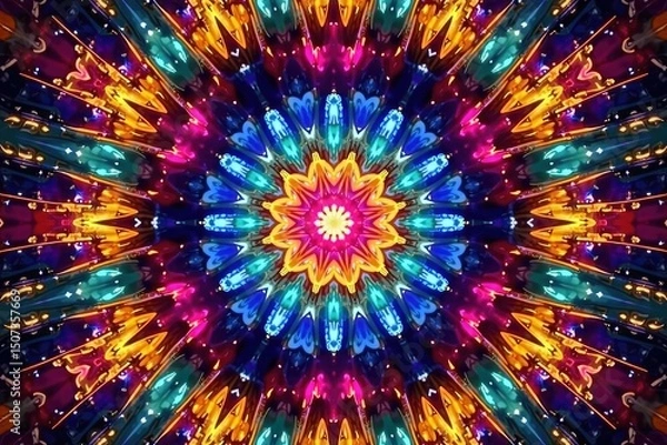 Fototapeta Symmetrical kaleidoscope with radiating lines and vibrant colors, vintage, optical, form