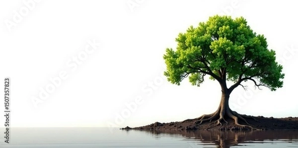 Fototapeta The tree is the focal point of an empty white space, its roots sinking into earth, nature, branch, texture