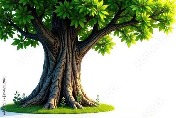 Fototapeta Thick tree trunk with branches and leaves isolated against bright white, forest elements,