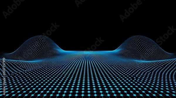 Fototapeta Abstract digital mesh with blue glowing points connected in a structured grid on a futuristic black surface