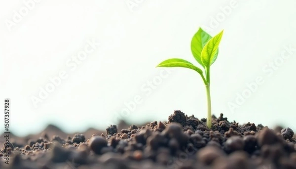 Fototapeta Tiny, vibrant sapling, stark white background Ideal for growth, nature themes , background, beginning