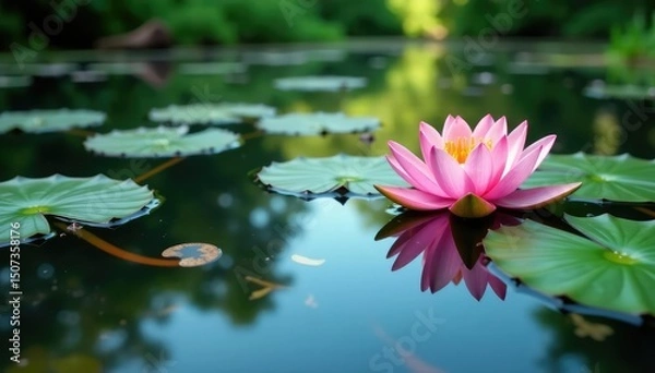 Fototapeta Water lilies and blossoms create a natural floral pattern on a still lake, calm, beauty