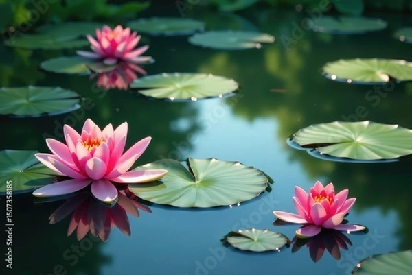 Fototapeta Water lilies and blossoms create floral pattern on lake , aquatic flowers, water, reflection