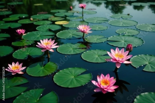 Fototapeta Water lilies forming a natural floral pattern on a lake's surface, horizontal, photo, lake